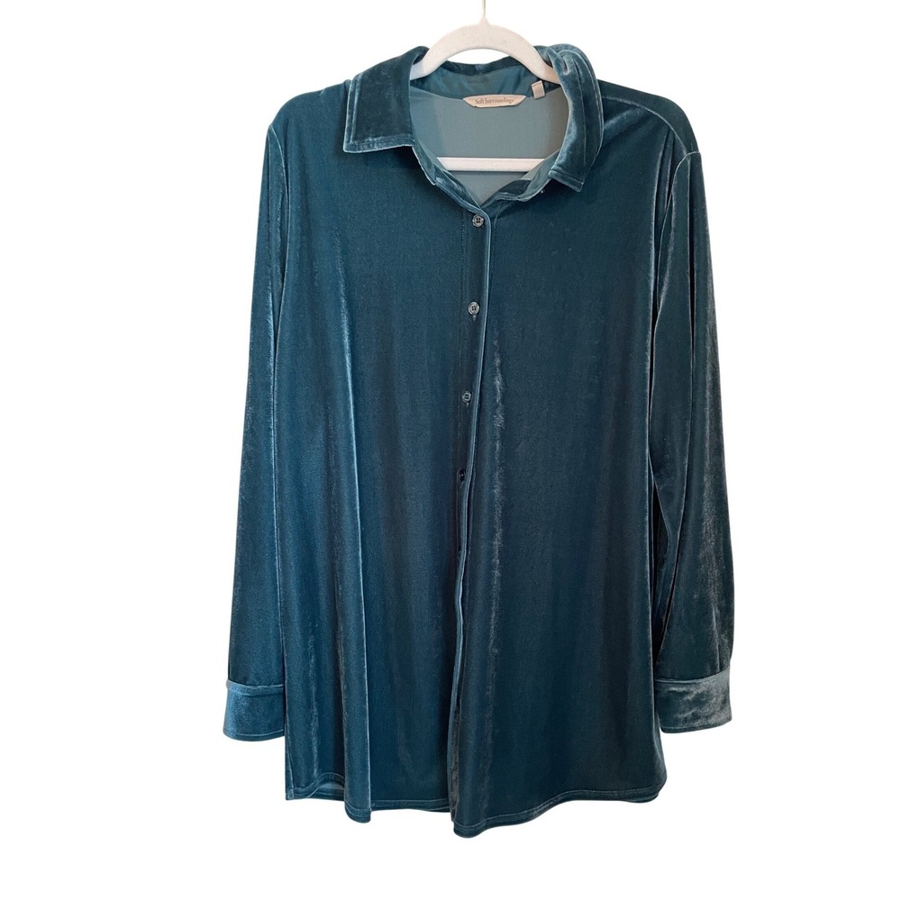 Soft Surroundings Teal Blue Stretch Velvet Button Down Tunic Top Shirt Large